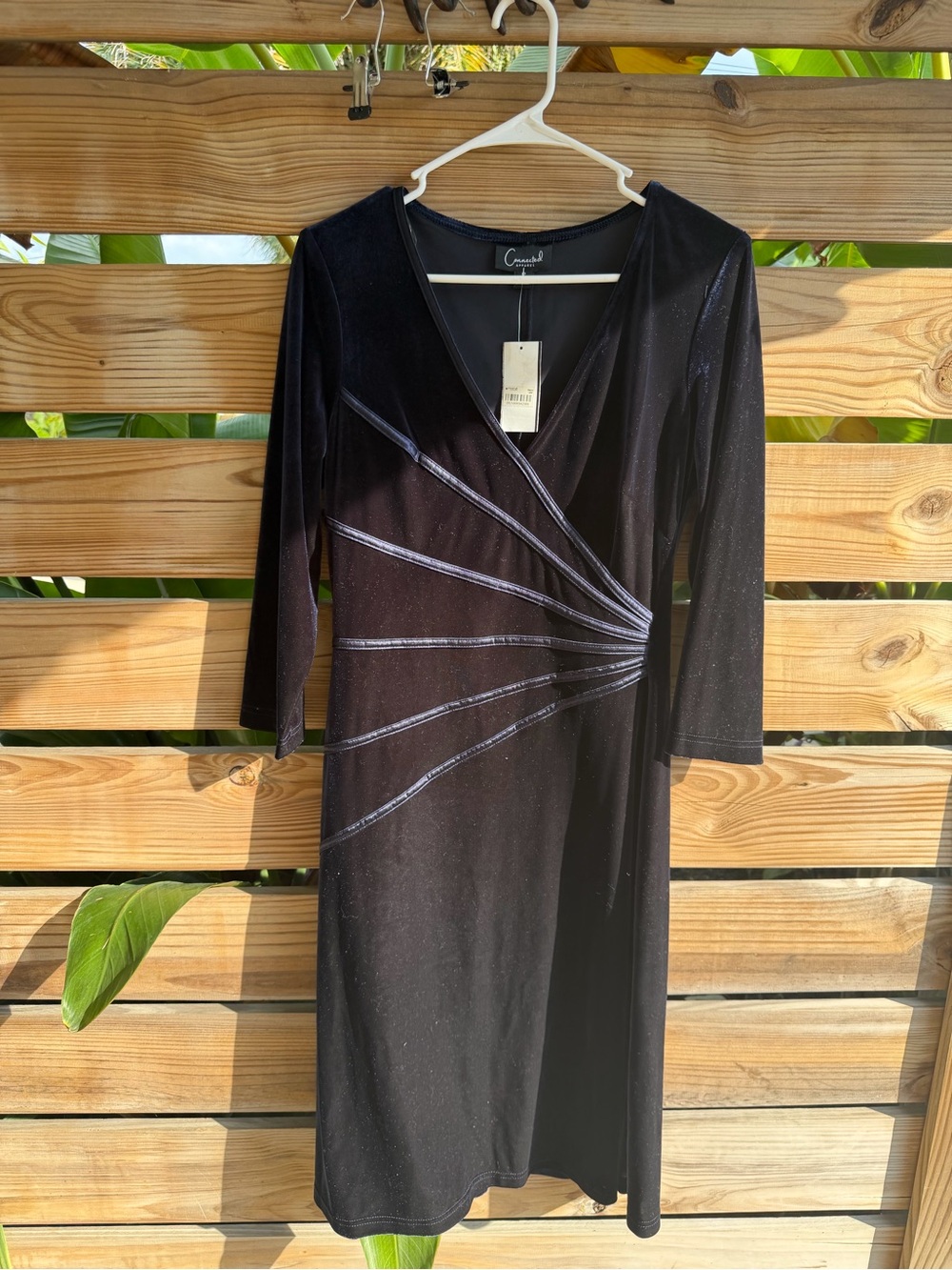 connected apparel Black Faux-Wrap Midi Dress with Gathered Side Detail